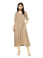 Women Beige Shirt Collar A-Line Dress – Stylish Calf Length Short Sleeves Dress(Beige)