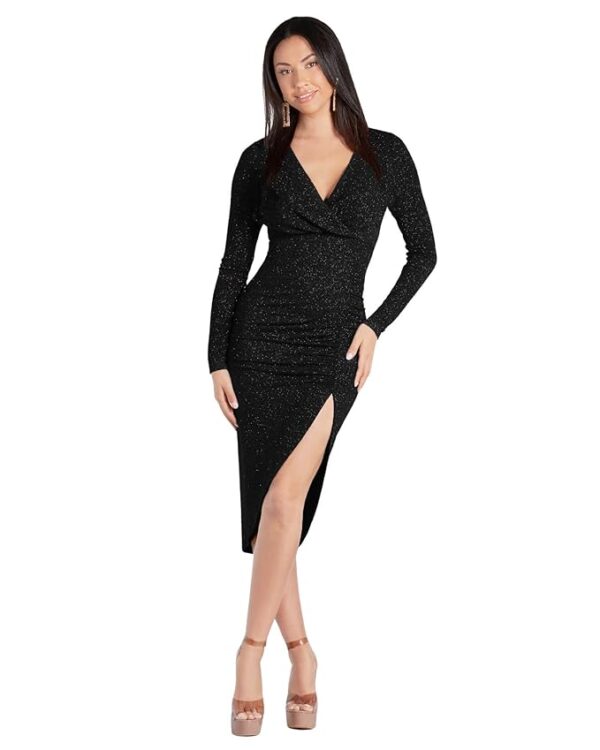 V-Neck Long Sleeve Lurex Gliter Solid Front Slit Front Ruched Seam Bodycon Above Knee Length Women Dress(Black)