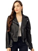 Full Sleeve Black Solid Jacket for Woman's Biker Style