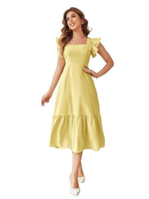 Women's Solid Color Square Neck, Ruffle-Trimmed Hem Sleeveless, Ruffle Armhole and Casual Dress with Cinched Waist Vacation Outfits Woman