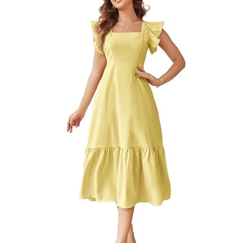 Women's Solid Color Square Neck, Ruffle-Trimmed Hem Sleeveless, Ruffle Armhole and Casual Dress with Cinched Waist Vacation Outfits Woman