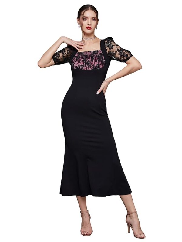 Women's Square Puff Sleeve Solid Lace Overlaid Ankle Length Dress