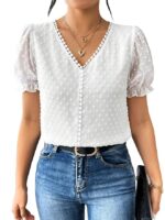 Women's Elegant French Textured Fabric Solid Color Lace Panel V-Neck Jacquard Blouse ,Short Puff Sleeve Tops