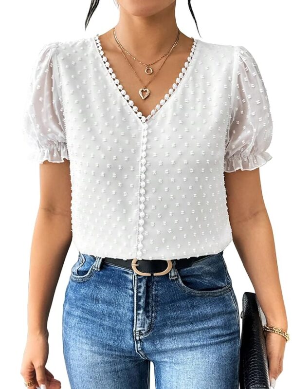 Women's Elegant French Textured Fabric Solid Color Lace Panel V-Neck Jacquard Blouse ,Short Puff Sleeve Tops
