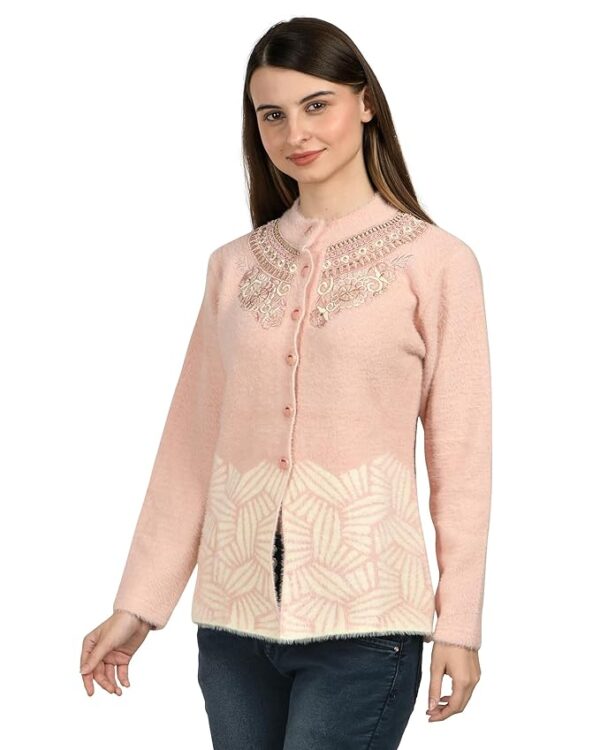 Women Woolen Round Neck Self Design Hair Fabric Cardigan Winter Wear Pure Wool Cardigan for Women Long Coty Fully Warm Cardigan