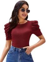 Casual Solid Puff Short Sleeves Round Neck Top for Women(Maroon)