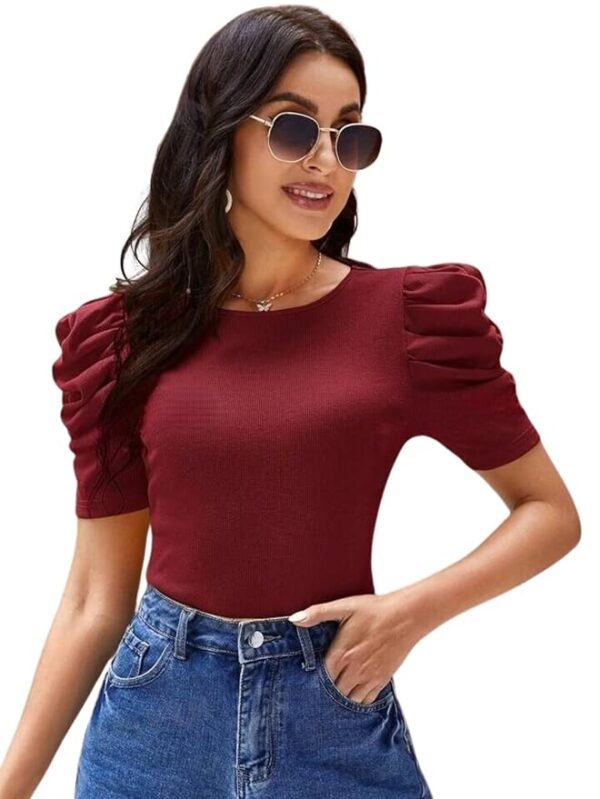 Casual Solid Puff Short Sleeves Round Neck Top for Women(Maroon)