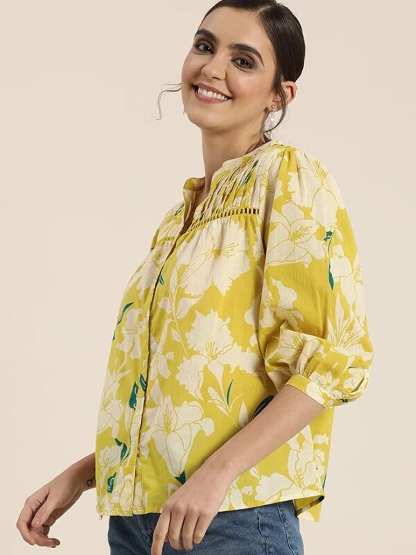 Yellow Women Cotton Floral Regular Fit Tunic Shirt