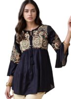 Designer Rayon Paisley Regular Short Kurti for Women Tunics Latest(Navy)
