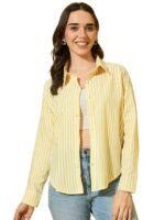 Women’s Cotton Striped Oversized Long Sleeve Button-Down Shirt(Yellow)