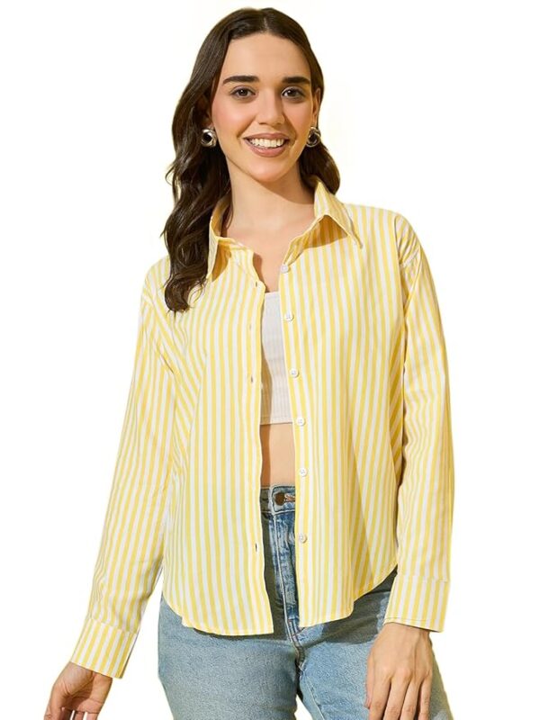 Women’s Cotton Striped Oversized Long Sleeve Button-Down Shirt(Yellow)