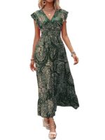 V-Neck Striped Printed Dress with Ruffled Hem and Belted Waist for Vacation, One Piece Dress for Women's Casual Dress