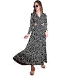 Women's Crepe Fit and Flare Printed Full Sleeve V-Neck Casual Dress