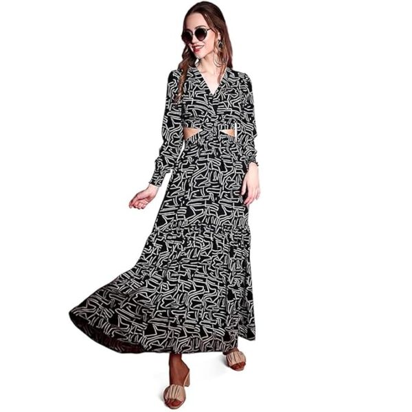 Women's Crepe Fit and Flare Printed Full Sleeve V-Neck Casual Dress