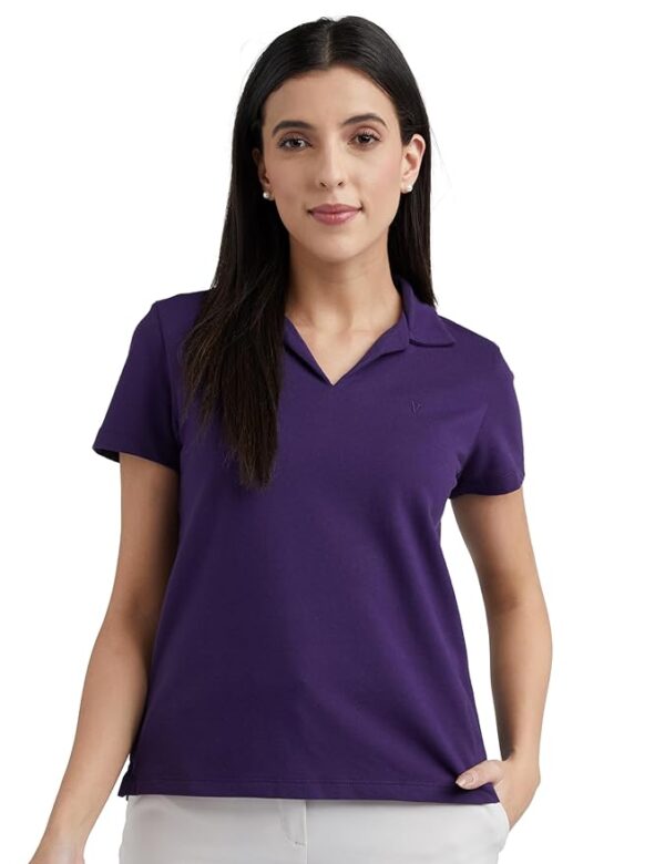 Women's Regular Comfort Fit Cotton Rich V Neck Polo T-Shirts(Purple)