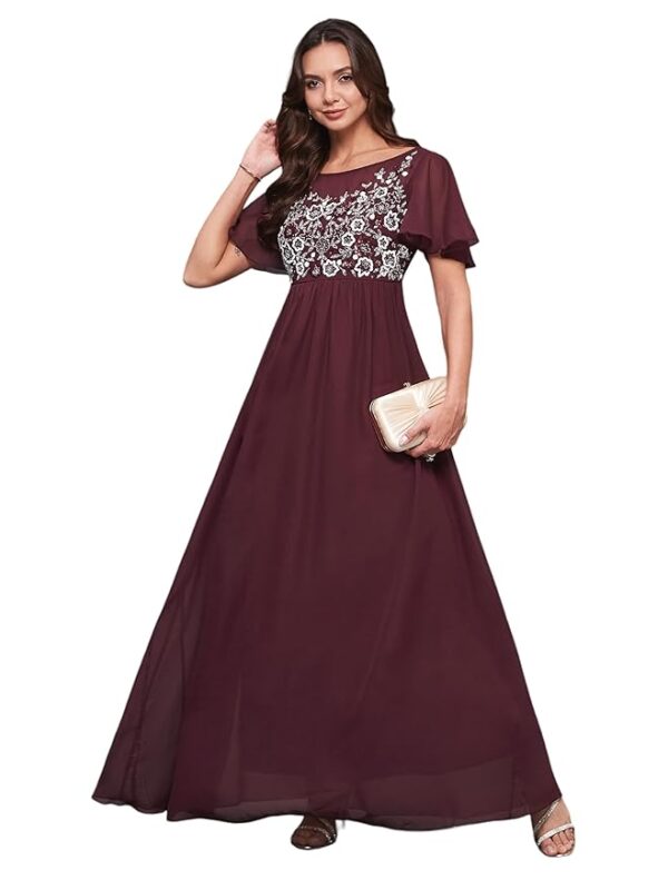 Women's V-Neck Cap Sleeved Wrap Maxi Dress(Burgundy Wine)