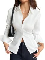Women Polyester Modern Fit Solid Front Button Long Sleeve Casual Shirt(White)