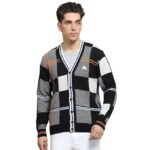 Men Self Design Black V Neck Full Sleeve Cardigan