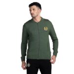 Men's Solid Chest Brand Logo Band Collar Long Sleeves Zip Closure Acrylic Cardigan Sweater(Olive)