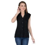 Women's Woolen V-Neck Sleeveless Self Design Cardigan - Daffodil Fabric Winter Wear Pure Wool Cardigan