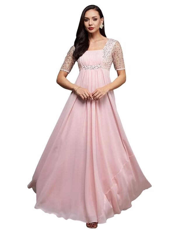 Women's Square Neck Half Sleeve Solid Embellished Maxi Dress