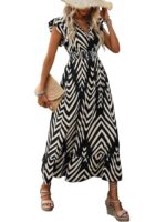 V-Neck Striped Printed Dress with Ruffled Hem and Belted Waist for Vacation, One Piece Dress for Women's Casual Dress