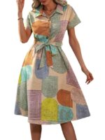 Women's Short Sleeve Collar Neck Dress - Geometric Print Button-Down Midi Dress with Tie-Up Belt