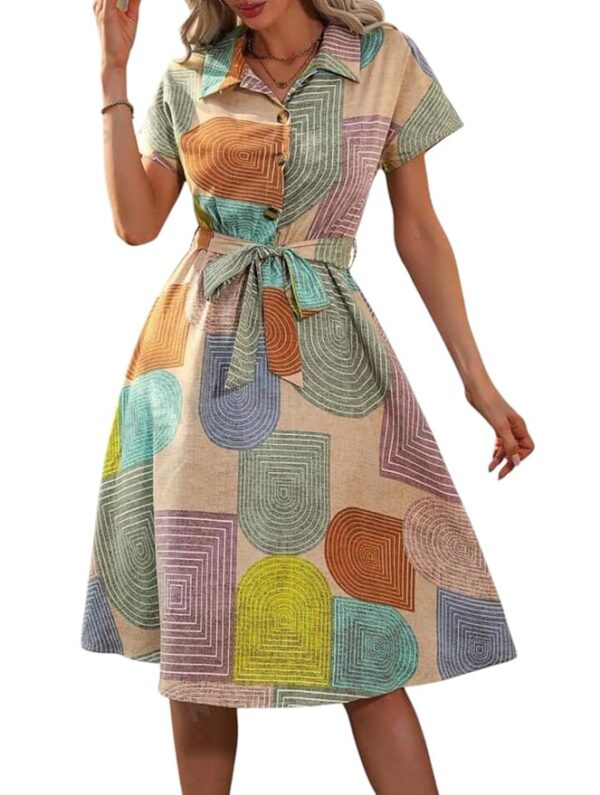 Women's Short Sleeve Collar Neck Dress - Geometric Print Button-Down Midi Dress with Tie-Up Belt