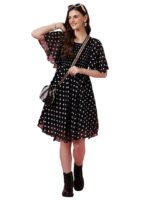 Women's Fit and Flare Polka Print Georgette Flared Sleeve Casual Dress