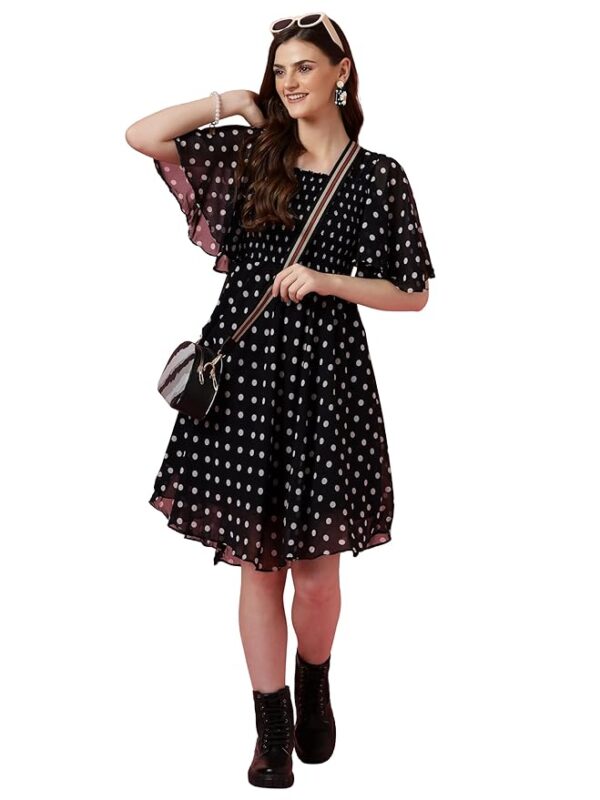 Women's Fit and Flare Polka Print Georgette Flared Sleeve Casual Dress