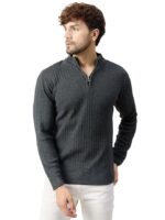 Men High Neck Zipper Full Sleeve Woolen Winter Sweater(Grey)