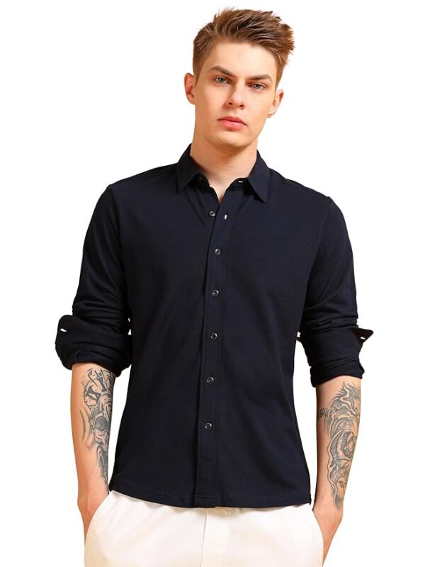 Men's Cotton Pique Regular Fit Full Sleeve Solid Knitted Shirt(Navy Blue)