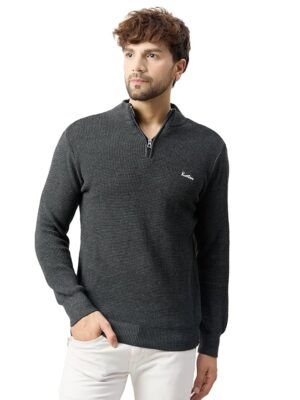 Men High Neck Quarter Zipper Full Sleeve Woolen Winter Waffle Knit Sweater(Grey)