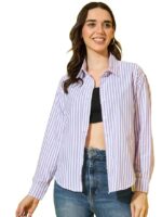 Women’s Cotton Striped Oversized Long Sleeve Button-Down Shirt(Purple)
