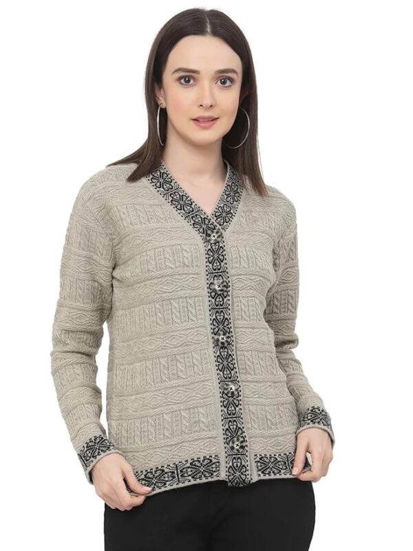 Women Sweater for Winter Woolen Acrylic Full Sleeves V-Neck Cable Design Cardigan Sweater