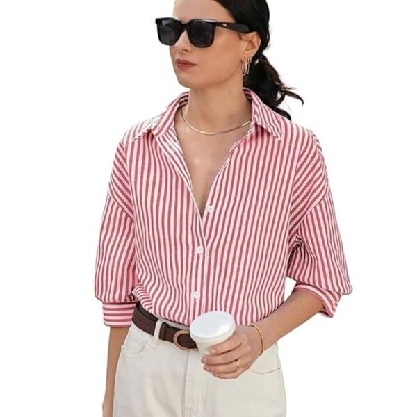 Women Striped Regular Fit Shirt - Stylish and Comfortable Casual Wear | Classic Stripes Design(Pink)
