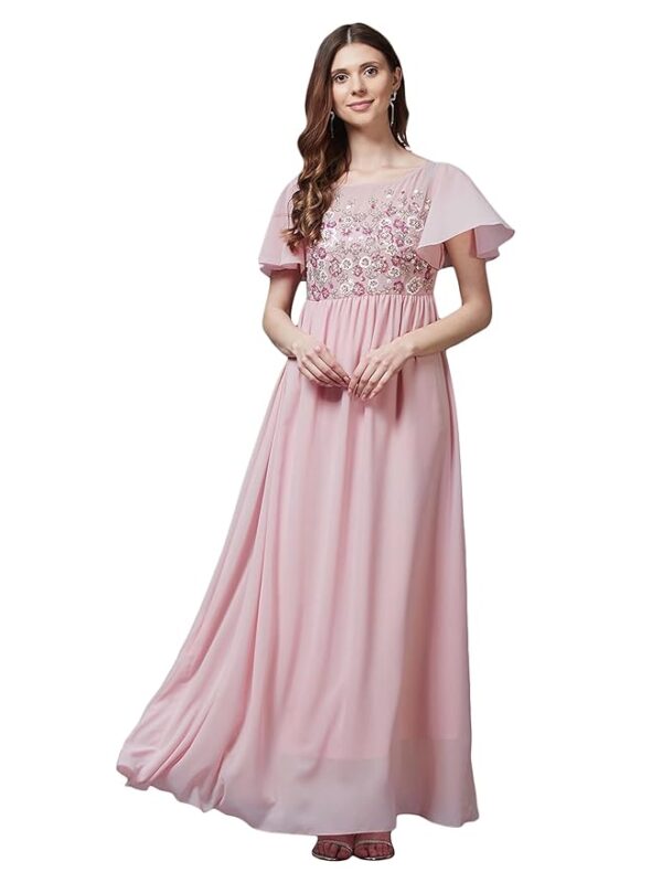 Women's V-Neck Cap Sleeved Wrap Maxi Dress(Pink)