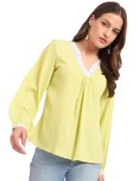 Georgette Thread Embroidered Blouson Top With Round Neckline, Elasticated Hem, and Long Sleeves for an Elegant and Comfortable Everyday Look