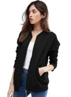 Women's Standard Length Casual Jacket For Loose Fit Drop Shoulder Loop knit Bomber Jacket With Zipper Closure And Side Pockets( Black)