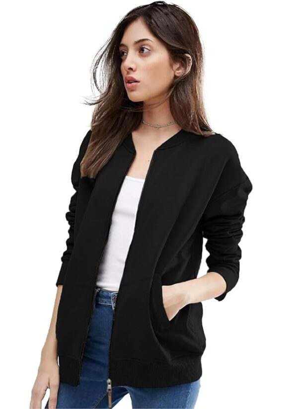 Women's Standard Length Casual Jacket For Loose Fit Drop Shoulder Loop knit Bomber Jacket With Zipper Closure And Side Pockets( Black)