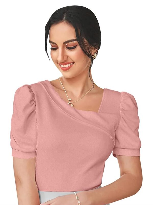 Women's Polyester Slim Fit Puff/Balloon Bishop Sleeve Elegant Casual Tee Top(Peach)