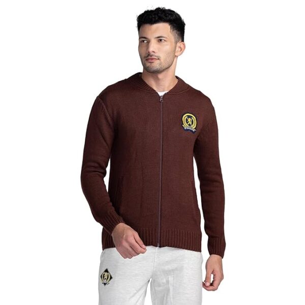 Men's Solid Chest Brand Logo Band Collar Long Sleeves Zip Closure Acrylic Cardigan Sweater(Brown)