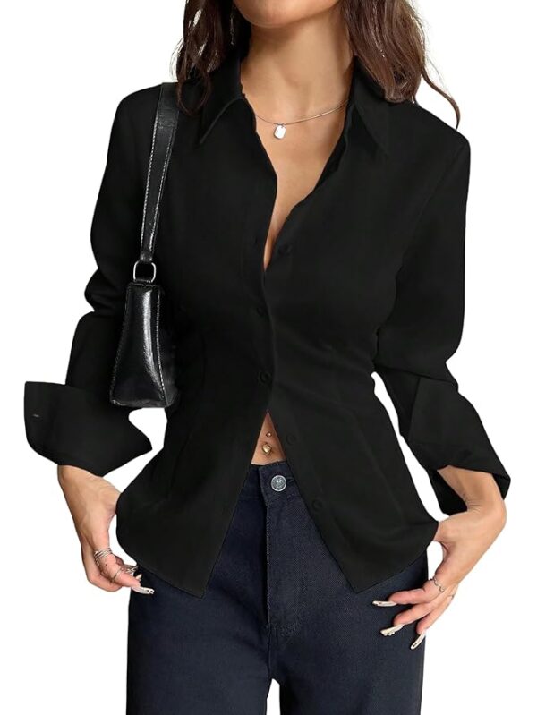 Women Polyester Modern Fit Solid Front Button Long Sleeve Casual Shirt(Black)