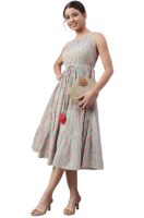 Women's Fit and Flare Midi Cotton Floral Printed Tiered Western Dress
