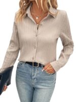 Women's Polyester Slim Fit Solid Button Front Texture Long Sleeve Shirt(Beige)