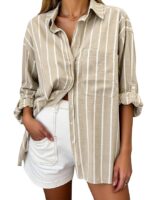 Solid Button Up Drop Shoulder Striped Print Long Sleeve Shirt for Women(Khaki)