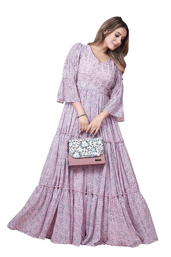 Women's Purple Georgette V-Neck Flared Maxi Length Indo-Western Gown