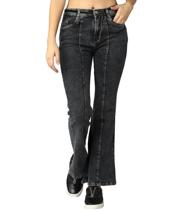 Women Mid Rise Denim Wide Leg Jeans(Black)