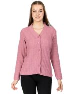 Women Woolen V-Neck Self Design Cardigan Heavy Daffodil Fabric Cardigan Winter Wear Pure Wool Cardigans (Pink)