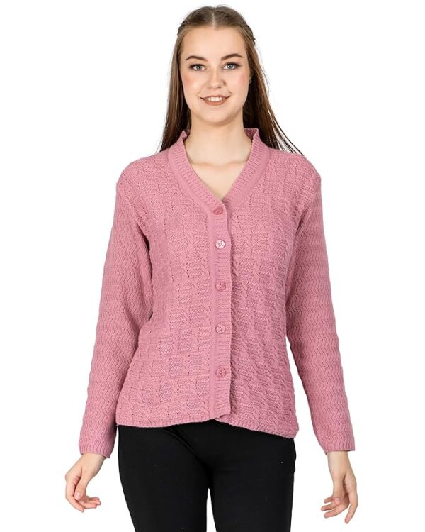 Women Woolen V-Neck Self Design Cardigan Heavy Daffodil Fabric Cardigan Winter Wear Pure Wool Cardigans (Pink)